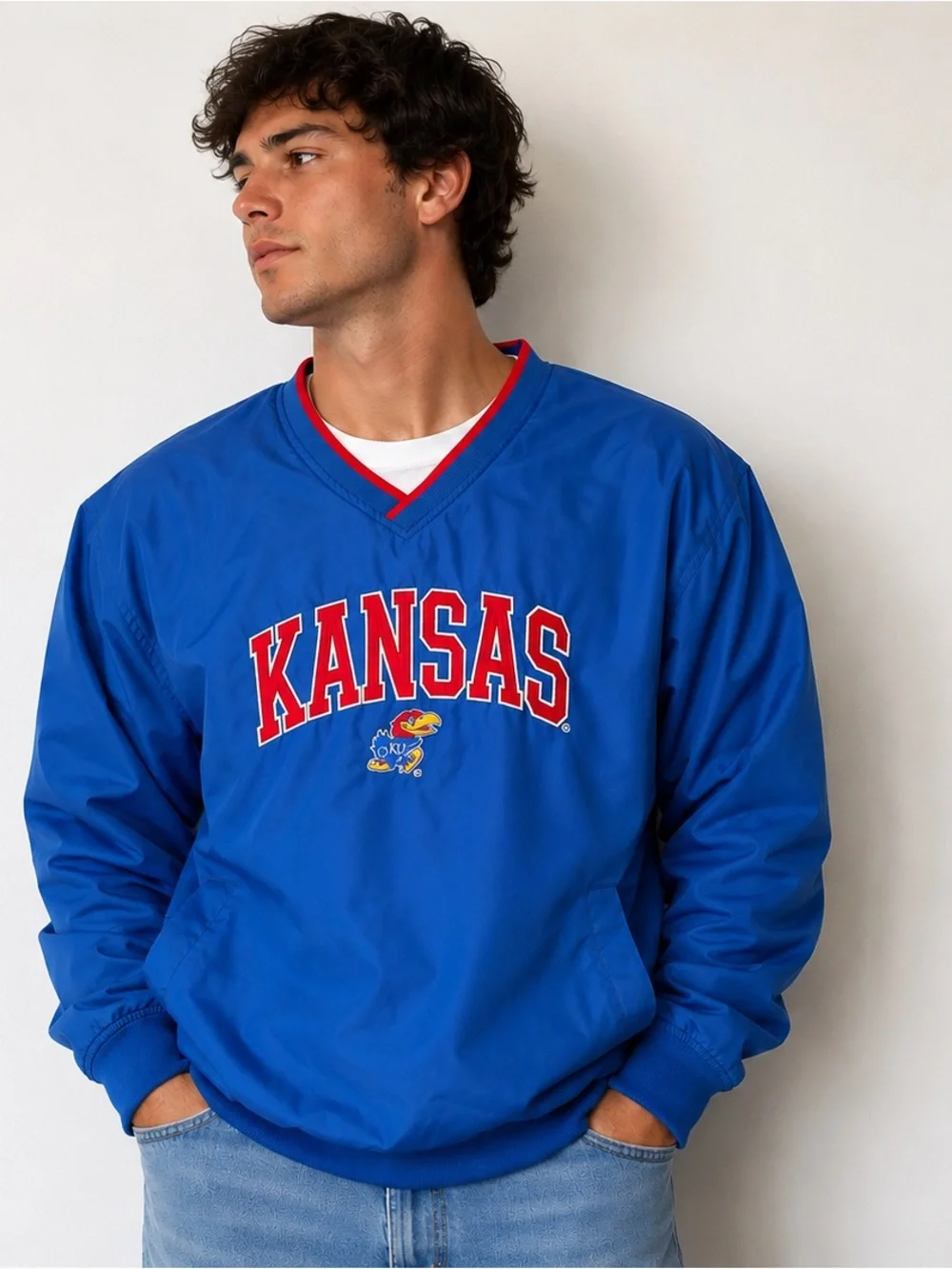 Kansas Jayhawks KU NCAA Vintage Style Blue Pullover Windbreaker Jacket XXL